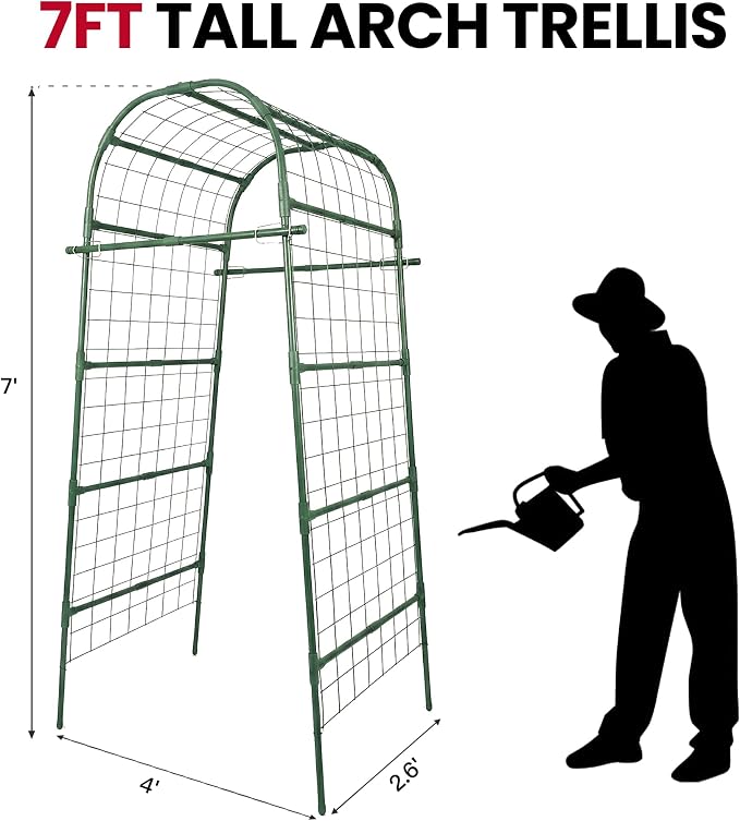 Garden Arch Trellis for Climbing Plants Outdoor, 7 Ft Tall Cucumber Trellis for Raised Bed, Metal Archway Arbor Trellis Support for Vegetables Beans Squash Peas Grape Vines Flowers