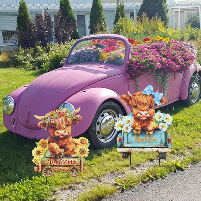 hogardeck Garden Decor for Outside, Set of 2 Metal Highland Cow Decorative Garden Stakes with Sunflower for Yard Decor, Welcome Sign Yard Art for Outdoor Lawn Porch Backyard Spring Decorations