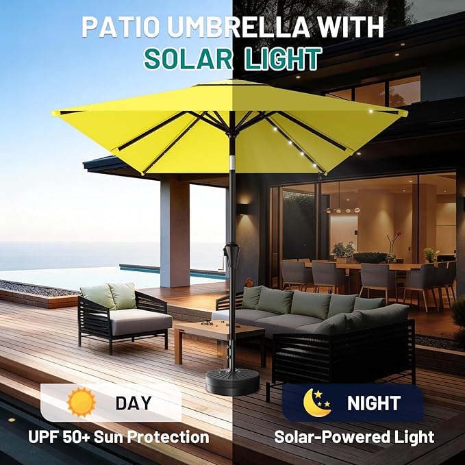 AreShark 6.5' x 10' Rectangular Patio Umbrella with Solar Lights, Solar Powered Lighted Market Umbrella w/Tilt and Crank, Outdoor Table Umbrella for Garden, Deck, Backyard, Pool and Beach, Yellow