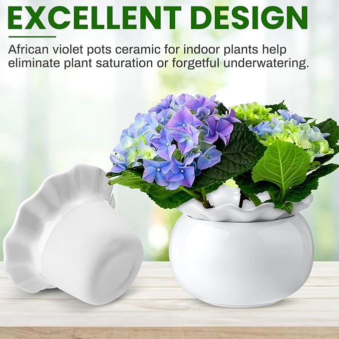 Suclain 2 Pack Ceramic African Violet Pots Self Watering Plant Pot Effortless Self Watering Plant Flower for Busy Lovers, Indoor(White,6 Inch)