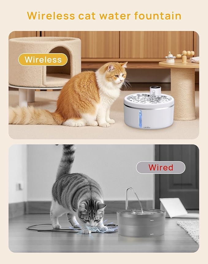 Wireless Cat Water Fountain [with Stainless Steel Tray], 84oz/2.5L Pet Fountain for Cats Inside, Cat Fountain for Drinking with Motion Sensor, Ultra Quiet for Small Animals-[BPA-Free]