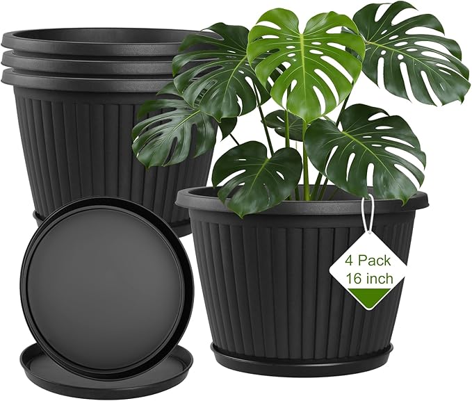 Fodetyff 16-inch-Plastic-Plant-Pots-with-Saucer, Flower Pots Containers for Indoor Outdoor Plants, Large Resin Planter with Drainage Holes and Saucers for Snake Plant Monstera