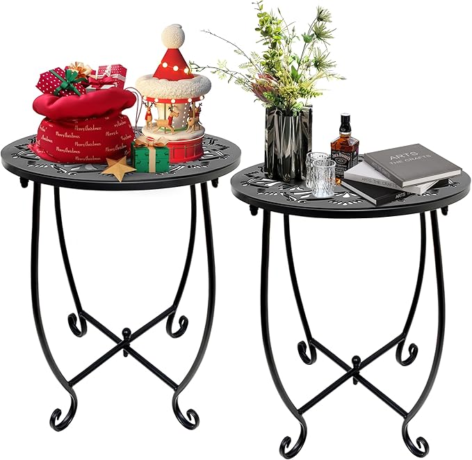 Fashion&cool 2 Pack Outdoor Side Tables, 14" Round Patio Side Table, Weather Resistant Metal Outdoor End Table Side Table for Patio Yard Porch Balcony Garden Bedside, Plant Stand for Indoor Outdoor