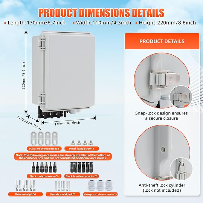 4 String Solar Combiner Box, IP65 Waterproof PV Combiner Box with 20A Rated Current Fuse, 63A Air Circuit Breaker,Lightning Arrester for On/Off Grid Solar Panel System