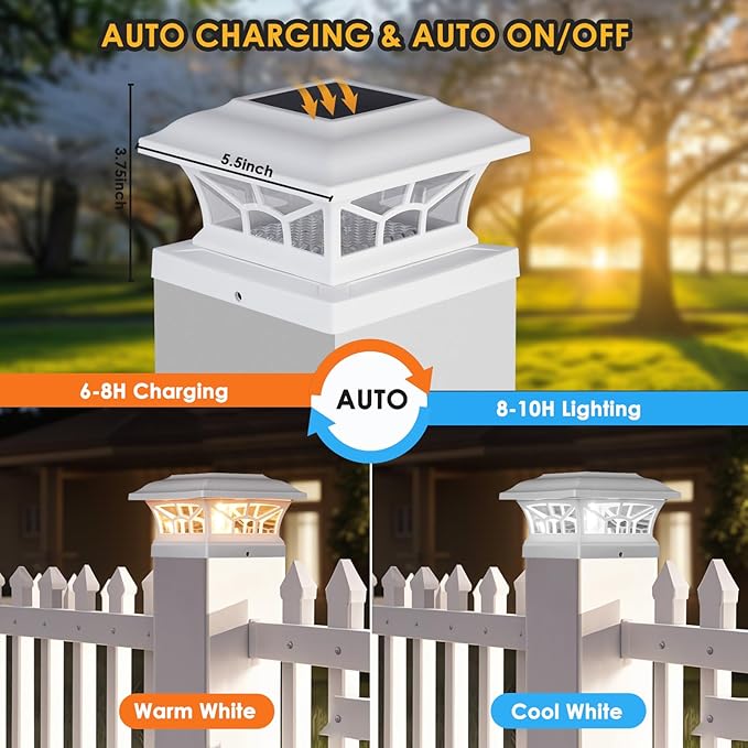 4 Pack Solar Post Cap Lights Outdoor Waterproof, Fits 4x4, 5x5, 6x6 Wooden & Vinyl Fence Decks with Warm & Cool White Light Modes (Classic White, 4)