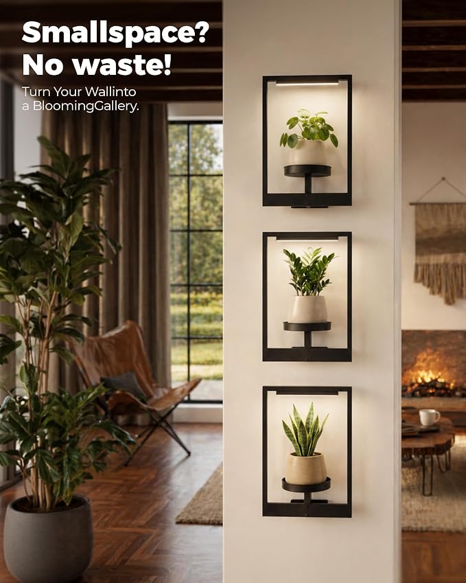 Bamworld Hanging Planters for Indoor Plants Wall Decor Outdoor Living Room Plant Stand Indoor Wall Planters Plant Hanger Window Plant Shelves 3-Packs with Magnetic Lights (Comes with Exposed Wiring)