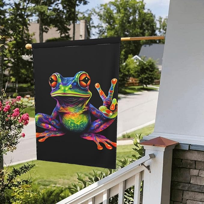 Delerain Colorful Peace Frog Garden Flag, 12.5 x 18 Inch Double Sided Design Weather Resistant Indoor & Outdoor Decoration Small Banner For Home Yard Lawn Patio Office