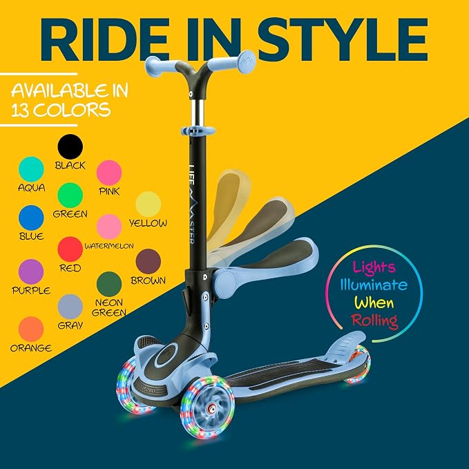 3 Wheel Scooter for Kids with Foldable Seat, Adjustable Handlebar Height, Lean-to-Steer Ride On Toy for Kids Ages 2+, Light-Up LED Wheels, Wide Anti Slip Deck, Indoor & Outdoor Use