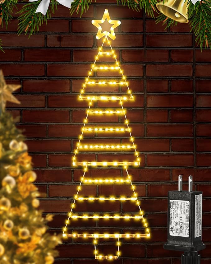 LED Christmas Lights Outdoor,4.6ft 189 LED Christmas Tree Ladder Light with Star Topper 8 Modes Christmas Decorations Lights for Indoor Outdoor, Window, Garden, Home, Wall, Xmas Tree Decor-Warm White