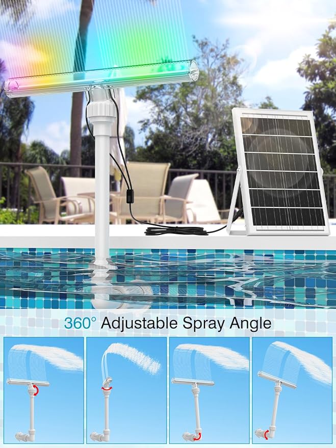 Solar Pool Fountain with 15-Color LED Lights, Adjustable Water Pressure & Spray Angle, Pool Waterfall Sprinkler for Above Ground & Inground Pools, Ponds, Outdoor Decor