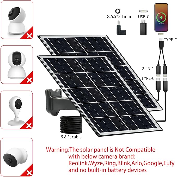 5V 16W Solar Panel for Security Camera IP65 Waterproof USB Solar Panel Charger Type-C Port、Micro USB Port＆DC Port Solar Sanels for Cameras with 9.8ft Charging Cable(8W black-2pack)