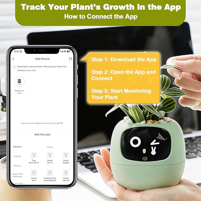 Smart Planter with App Control, Self-Watering AI Plant Pot with LCD Display, Interactive Desk Plant Companion for 100+ Plants, Smart Indoor Planter with Pomodoro Timer,80ml Reservoir,Calendar-Green