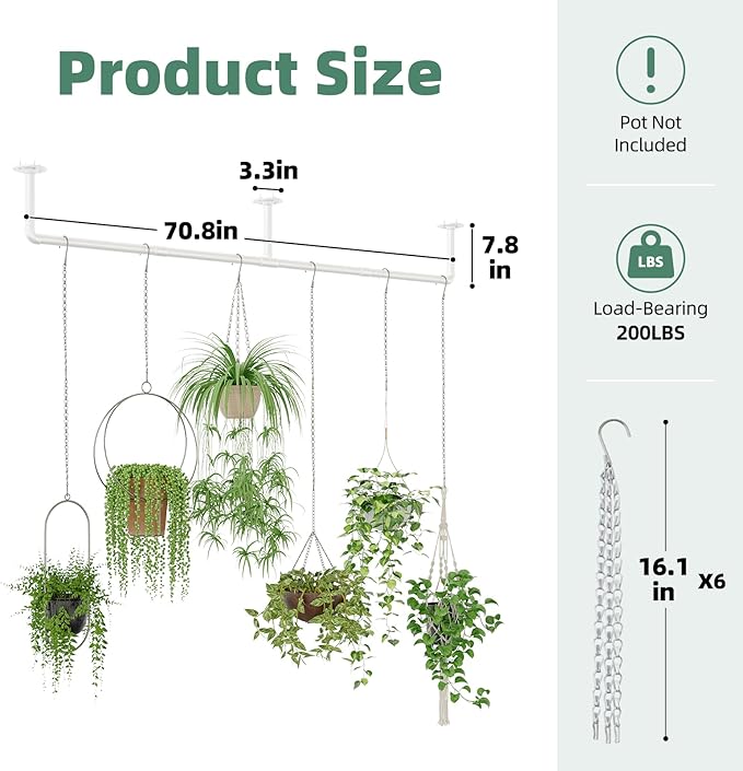 Galood Plant Hanger Indoor with 6 Hanging Chains Hanging Planters for Indoor Plants Hanging Plant Holder Window Plant Shelves White Metal Rod(Pot not Included