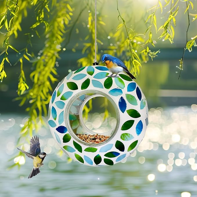 Hanging Bird Feeders for Outdoor Glass Mosaic Fly Through Wild Bird Feeder Round Shape Birdfeeder for Outside Garden Yard Patio Decoration Green