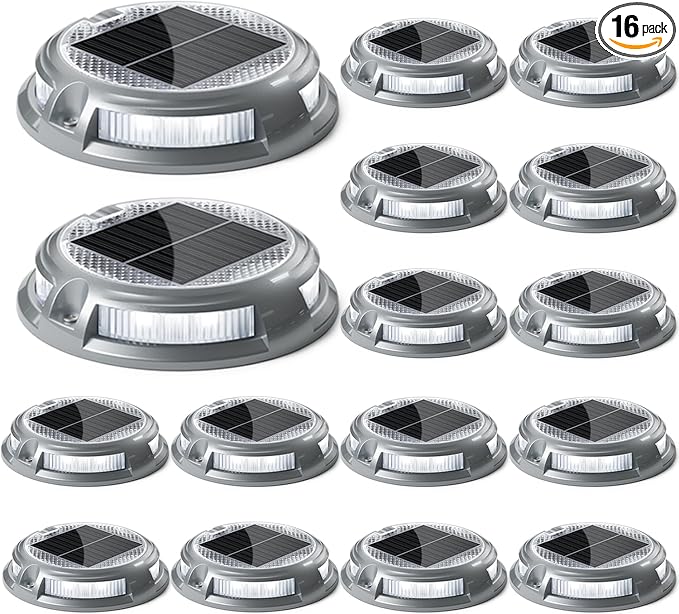 SIEDiNLAR Solar Driveway Lights Outdoor 16 LEDs 9 Modes, Dock Markers Deck Lights Waterproof Warning for Driveway Ground Step Walkway Pathway Yard Garden, RGB (16 Pack)