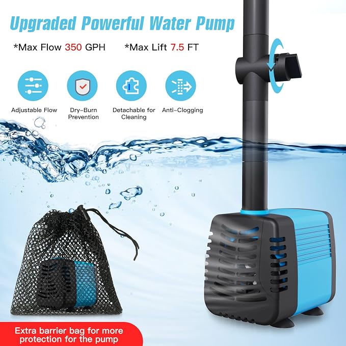 20W Solar Fountain Pump, 350GPH Submersible Solar Pond Pump with Adjustable Flow & 4 Nozzles, Anti-Clog Barrier Bag for Bird Bath, Outdoor Pond, Garden Water Features, Pool