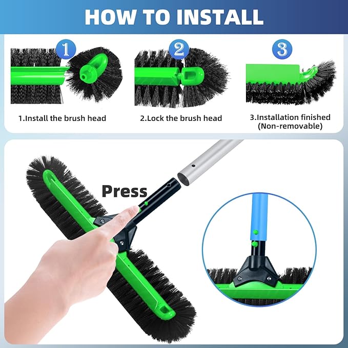 20" Wide Pool Brush Head, Heavy Duty Pool Scrub Brush with 12-Rows Soft Bristles, Inground/Above Ground Pool Brushes with Curved Ends, Clean Pool Wall, Floor, Step, Corner Faster, Safe for Vinyl Liner