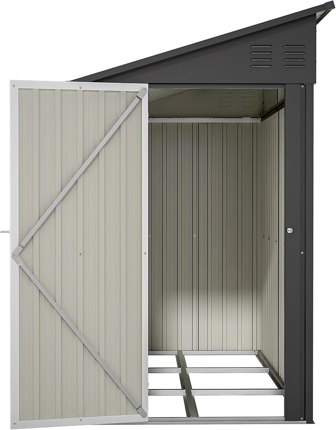 YOPTO 4×8 FT Lean to Metal Shed,Outdoor Heavy-Duty Storage Shed with Floor Base,All Weather Waterproof Garden Tool House W/Lockable Door&2 Air Vent,Reversible Door Design,for Backyard,Patio,Lawn,Black