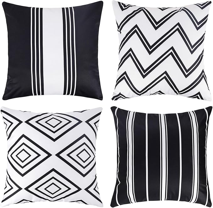 Adabana Outdoor Waterproof Pillow Covers 18x18 Inch Set of 4 Black and White Modern Geometric Throw Pillows Cover Decorative Boho Pillow Covers for Patio Garden Porch