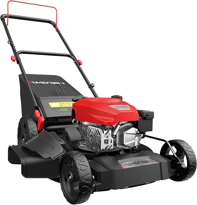 AMERISUN 21" Gas Lawn Mower, 3-in-1 Gas Push Mowers, 144cc 4-Stroke OHV Engine, 6 Height Adjustments 1.4 Bushel Grass Catcher, Lawnmower with Bagging, Mulching & Side Discharge, Efficient Steel Deck