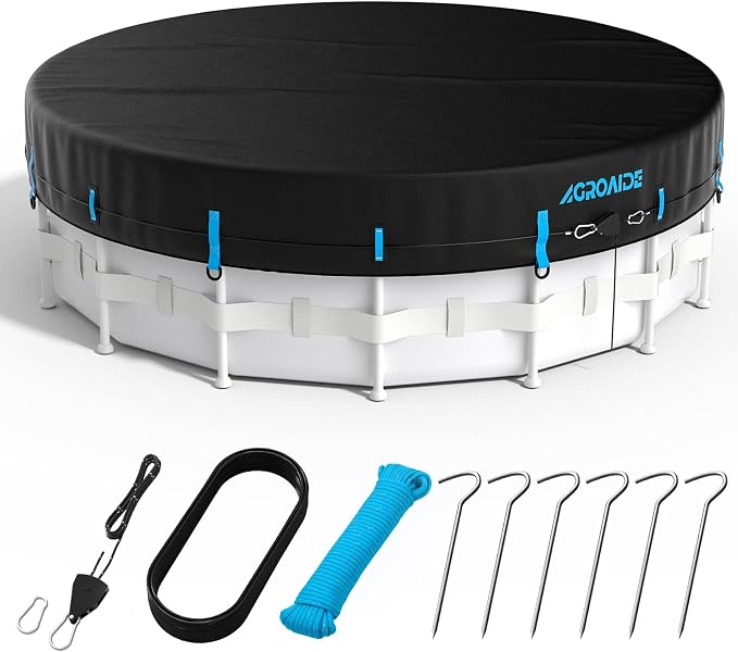 Pool Cover 12ft Round, Upgraded Seamless Side Design, 3-in-1 Super Windproof System with Fast Ratchet Tie Downs, 420D Oxford Fabric for Above Ground Pool - All Season Use, Tear Resistant