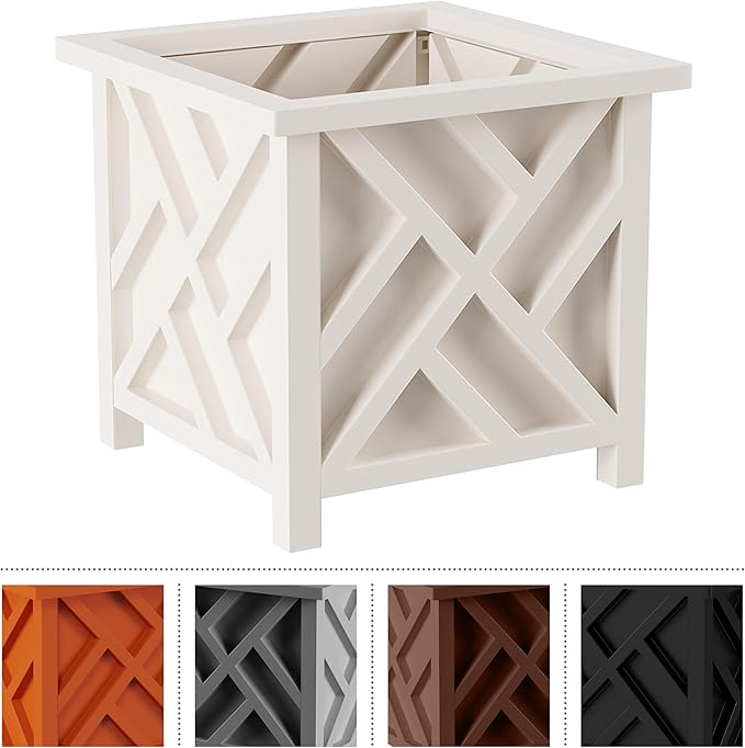 Lattice Design Outdoor Planter Box - 14.75” Square 13” Tall White Plant Pot - Decorative Plant Pots for Front Porch Decor - Flower Pots Outdoor Planters for Porch Patio or Garden Decor by Pure Garden