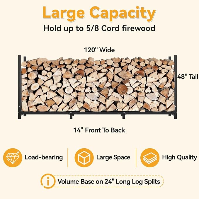 Heavy Duty 10ft Firewood Rack with Cover Outdoor, 5/8 Cord Capacity Log Holder Sturdy Steel Construction, All-Weather Black Powder Coat Wood Storage Organizer for Indoor&Outdoor Use, Black