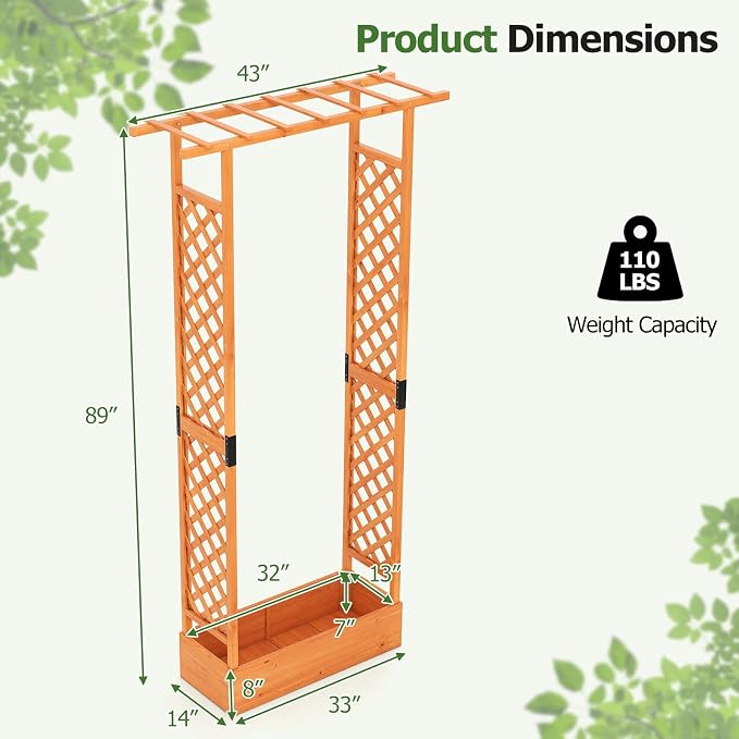 HAPPYGRILL 89" Raised Garden Bed with Trellis & Hanging Roof, Wooden Planter Box with 4 Drainage Holes, Outdoor Wood Elevated Garden Bed for Climbing Plants Vines Vegetables Flowers (Orange,1)