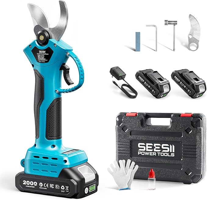 SEESII Electric Pruning Shears for Garden: 1.4" Cutting Cordless Power Pruner, 2 * 2000mAh Batteries, Brushless Motor, Extra SK5 Blade, 2 Modes Battery Powered Branch Cutter for Tree Trimming