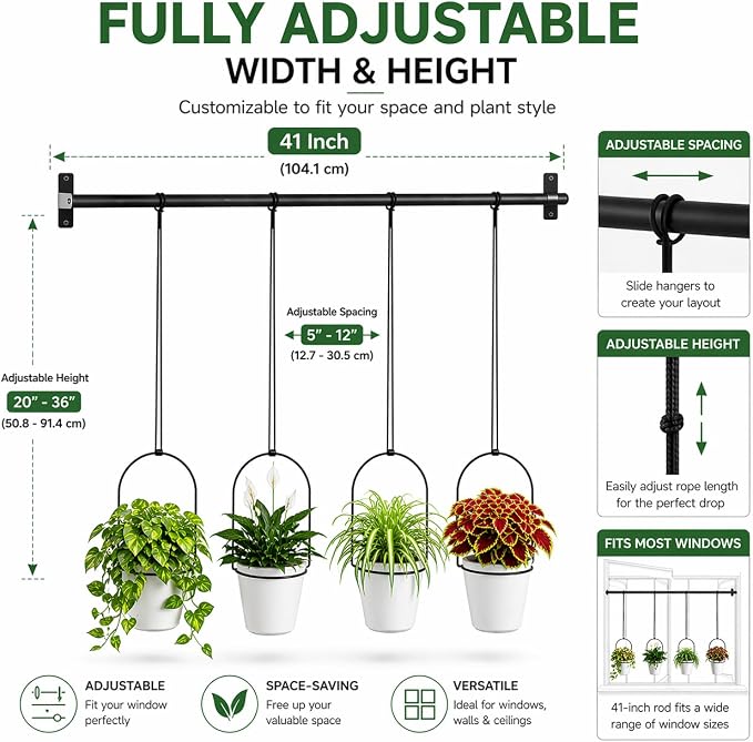 Adjustable Hanging Window Planter with 4 Pots, Space Saving Indoor Herb Garden Plant Hanger, Metal Vertical Plant Rack for Kitchen, Balcony & Home Deco41in-4 Flower pots