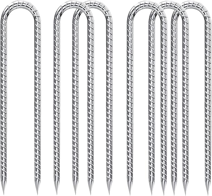 Trampoline Stakes Heavy Duty - 12 Inch U Shaped Garden Stakes 8mm Galvanized Steel Wind Stakes for Trampoline Safety Anti-Rust 6 Pack High Wind Rebar Stakes for Tent, Swing Set Fence