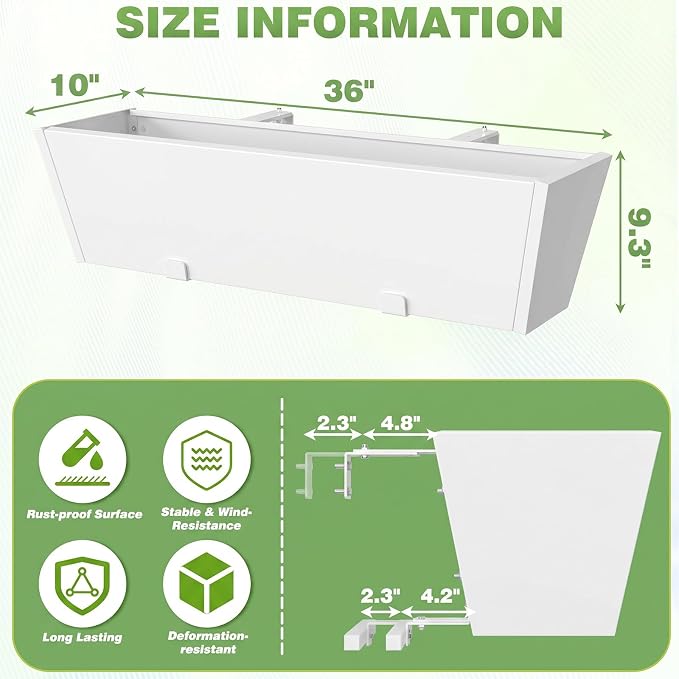 2PC White Railing Planter for Outdoor Plants 36 Inch Metal Hanging Planters Pots with Adjustable Brackets and Drainage Railing Planter Boxes Hanging Flower Pots for Balcony Deck Railings Patio Dec