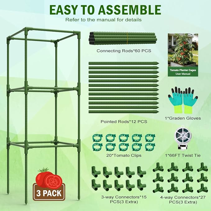 Uyittour 3 Pack Square Tomato Cages for Garden, 50" Heavy Duty Square Tomato Trellis Plant Support Cages for Raised Garden Bed Climbing Vegetables, Set with Garden Gloves, 20 Clips & 65FT Tie Wire
