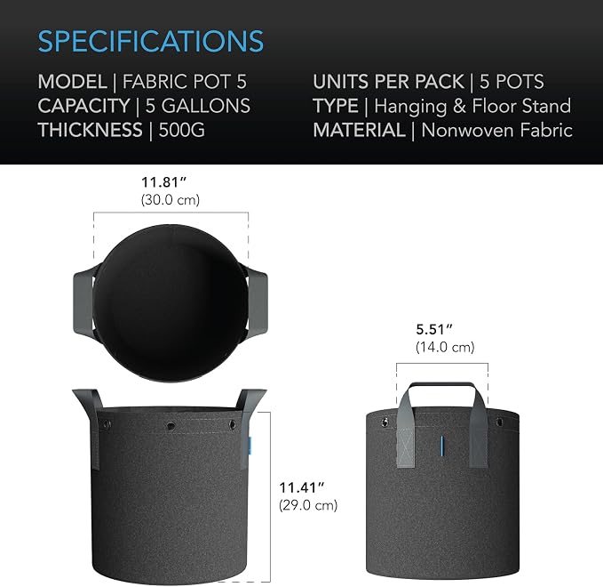 AC Infinity Heavy Duty Fabric Pots, 5 Gallon Aeration Reusable Grow Bags 5-Pack with 500G Thick Nonwoven Fabric and Multi-Purpose Rings, for Low Stress Plant Training Fruits, Vegetables, and Flowers