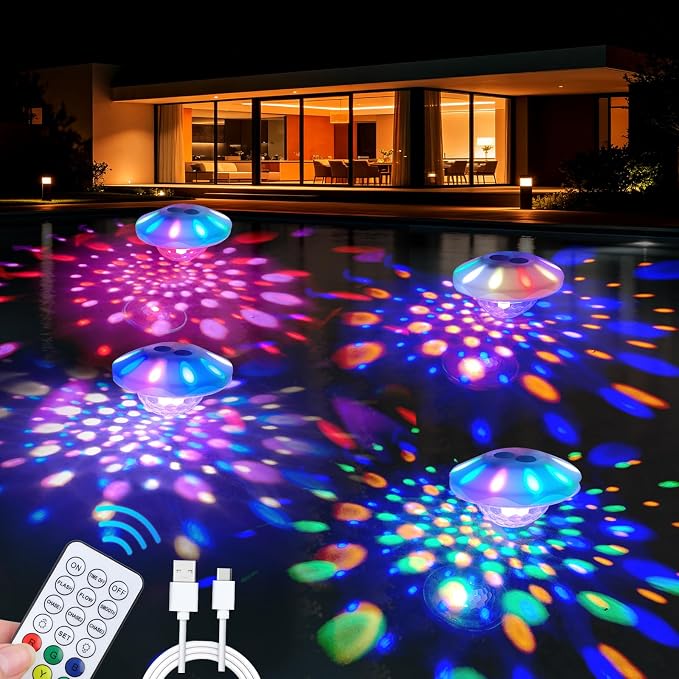 Rechargeable Floating Pool Lights (4 Pack) - Pool Light with Vibrant RGB Colors, IP68 Waterproof Floating Lights, Upper and Lower Color Changing Led Lights for Pools, Hot Tubs and Party