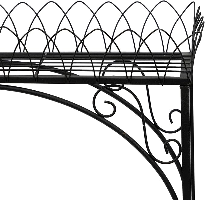 Black Long Double-Layer Plant Shelf, French Courtyard Style Metal Stand for Tall Potted Plants, Sturdy Indoor Outdoor Planter Holder Garden Decor