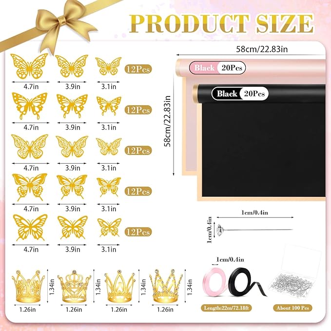 Tetutor 206 Sheets Waterproof Flower Wrapping Paper,Bouquet Wrapping Paper Sheets, Floral Wrappings Papers Bouquet with Ribbons Flower Pins 3d Butterflies and Crowns for Florist Wrap Back Pink