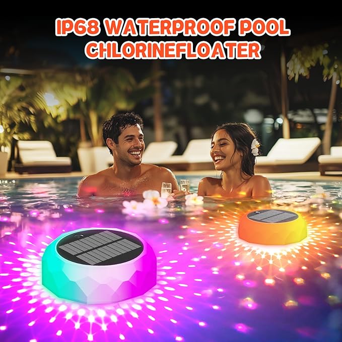 2 in 1 Floating Pool Lights Solar Powered with Chlorine Floater, Pool Lights that Float with Remote Control, 8 Lighting, Timing Mode, IPX68 Waterproof for Inground Pool, Pool Party