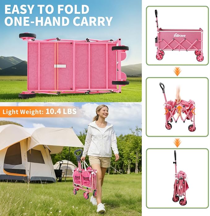Collapsible Wagon Cart, 380LBS Heavy Duty Utility Wagons with All-Terrain Wheels, Foldable Grocery Carts for Gardening, Shopping, Beach, Camping,Pink