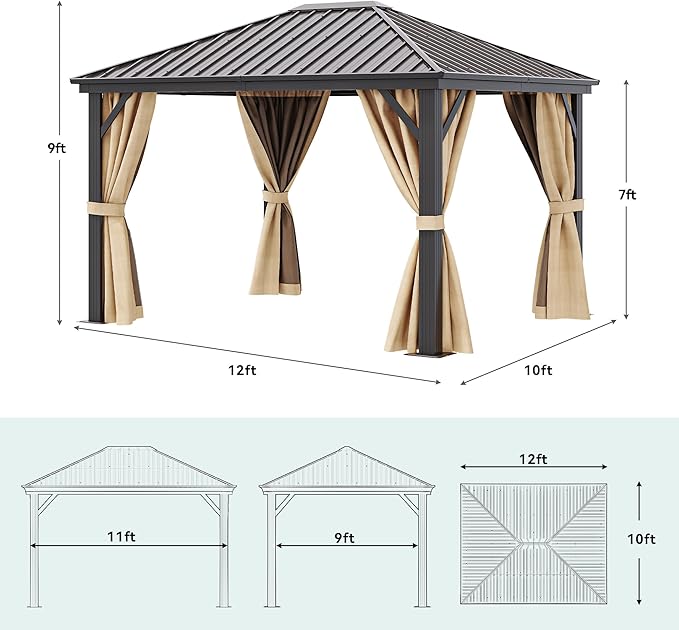 YITAHOME 10x12ft Hardtop Gazebo with Nettings and Curtains, Heavy Duty Galvanized Steel Outdoor Vertical Stripes Roof for Patio, Backyard, Deck, Lawns, Brown