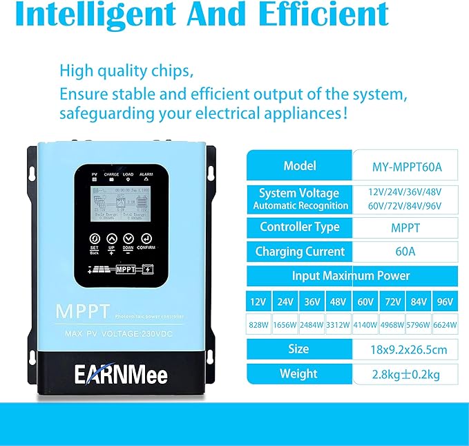 60A MPPT Solar Charge Controller,12V 24V 36V 48V 60V 72V 84V 96V Solar Battery Regulator PV Max 230V for Sealed Lead Acid Gel and Lithium Battery (60A)