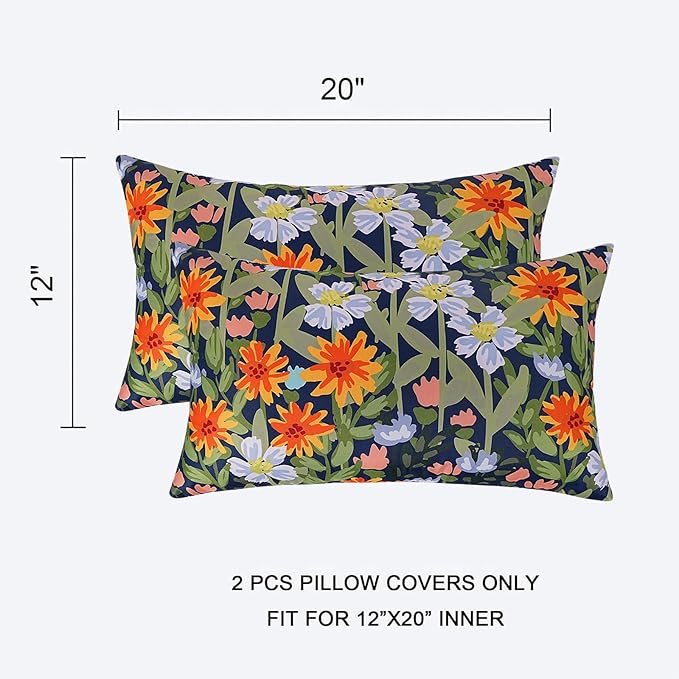 Pyonic Floral Outdoor Lumbar Pillows Covers 12x20 inch Waterproof Spring Summer Decor Outdoor Pillows for Patio Furnture Garden Bench Porch,Navy Blue