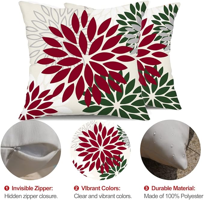 DFXSZ Wine red Dark Green Flower Pillow Covers 16x16 Inch Set of 2 Outdoor Throw Pillows Outdoor Waterproof Decor for Living Room Sofa Patio Funiture Garden Floral Polyester Pillow Covers 002W16
