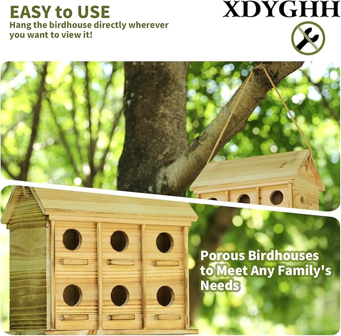 Bird Houses for Outside, 12 Hole Wooden Bird House for 12 Bird Families, Large Hanging Birdhouse Nesting Box for Wren Finch Bluebirds, Outdoor Garden Bird Hotel