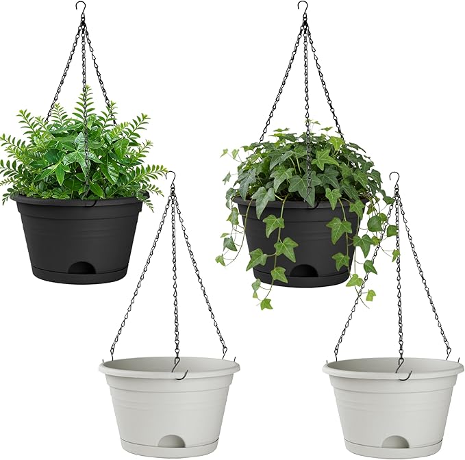 Nooulap 4 Pack Hanging Planters, 10 Inch Plant Pots with Hanger Chain & Drainage Trays, Hanging Baskets for Plants Outdoor Indoor, Flowers Pots for Home, Garden, Porch Decor (2 Grey + 2 Black)