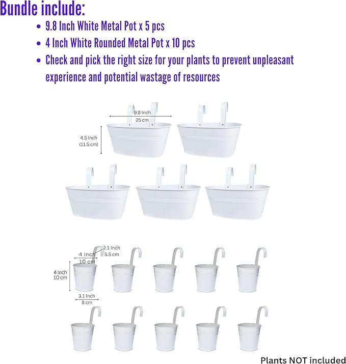 LaLaGreen Bundle- 10 Pack, 4 Inch White Metal Pot + 5 Pack, 9.8 Inch Hanging White Metal Pot Deck Rail Fence Herb Flower Plant Boxes Window Patio Porch Bucket with Hook Wall Mount Outdoor Garden Decor