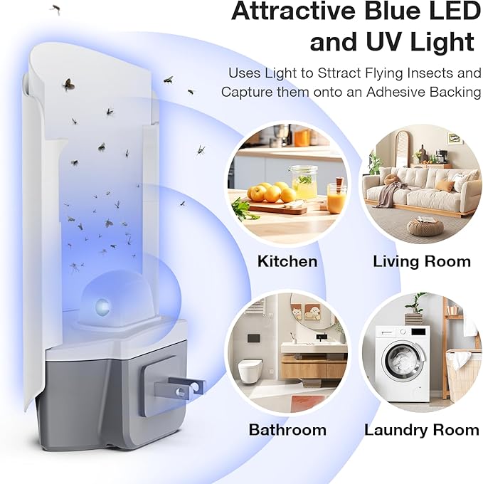 Forhimn Fly Trap Indoor, 2 Plug-in Fly Catchers with 6 Glue Card Refills, Fruit Fly & Gnat Trap for Home, Sticky Light Catcher for Flying Insects, Gnats & Moths, Clean & Quiet Indoor Plug-in Device