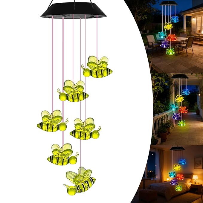 7-Color Light Changing Bee Solar Lights for Outside, Solar Lights Gifts for Father's Day, Solar Bee Wind Chimes Gifts for Women, Mom, Grandma, Garden Yard Lawn Outdoor Decor Mobiles