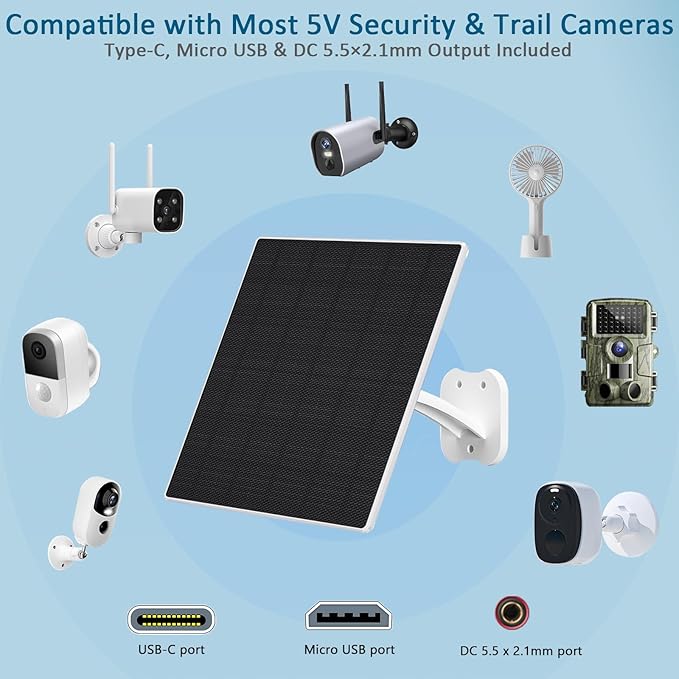 Zivif 10W Solar Panel for Security Cameras, Solar Panel Charger Camera with USB-C Cable, DC 5.5x2.1mm & Micro USB Port, IP66 Waterproof with Adjustable Mount, 7.2FT Cable