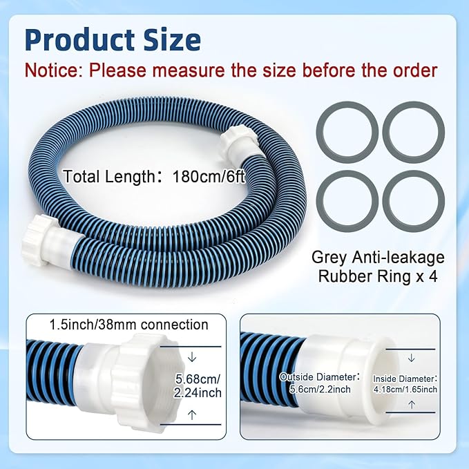 2 Pack 1 1/2 Pool Hose for Above Ground Pool 6ft Pump Replacement Hoses 1.5" EVA Heavy Duty Swimming Pool Hose for Above Ground, Filter Pumps, Saltwater Systems and Sand Filters (Blue)